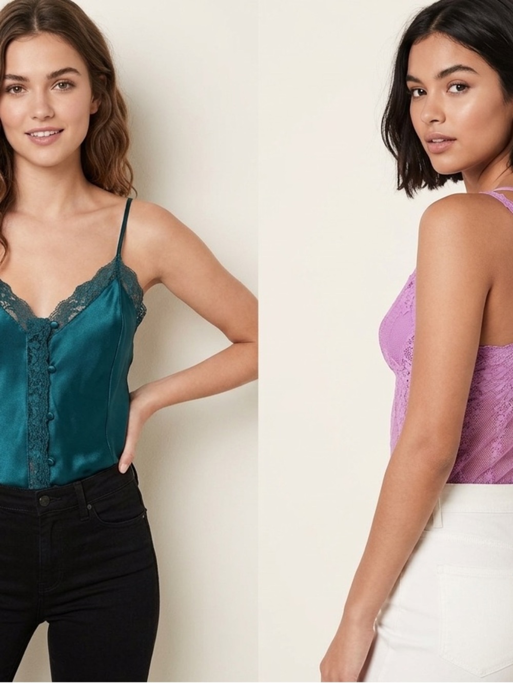 Victoria Secret Lace-Trim Satin Cami Top - Teal and Lavender 2 piece bundle
